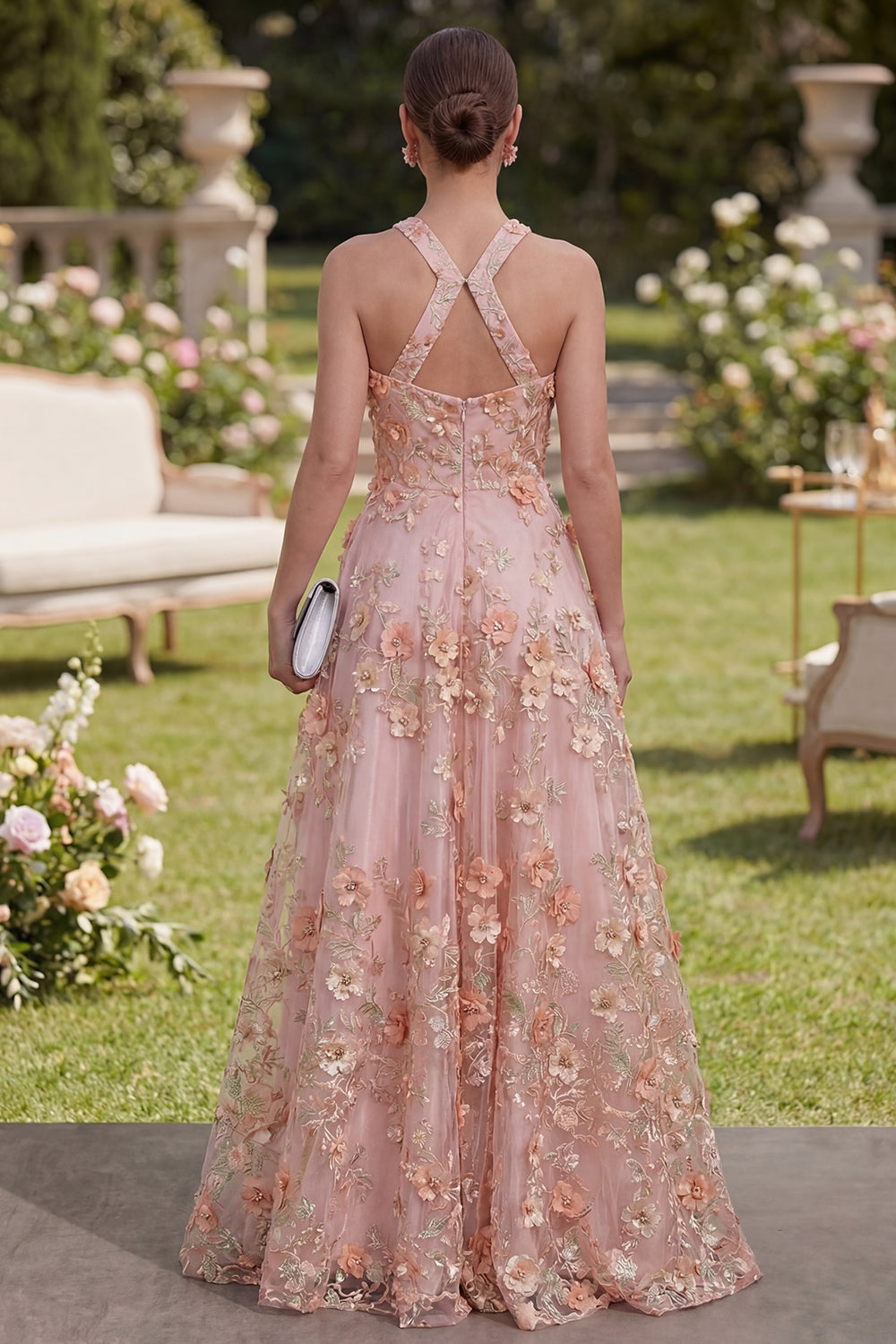 Halter Cut Out Floral Pink Appliqued A Line Wedding Guest Dress