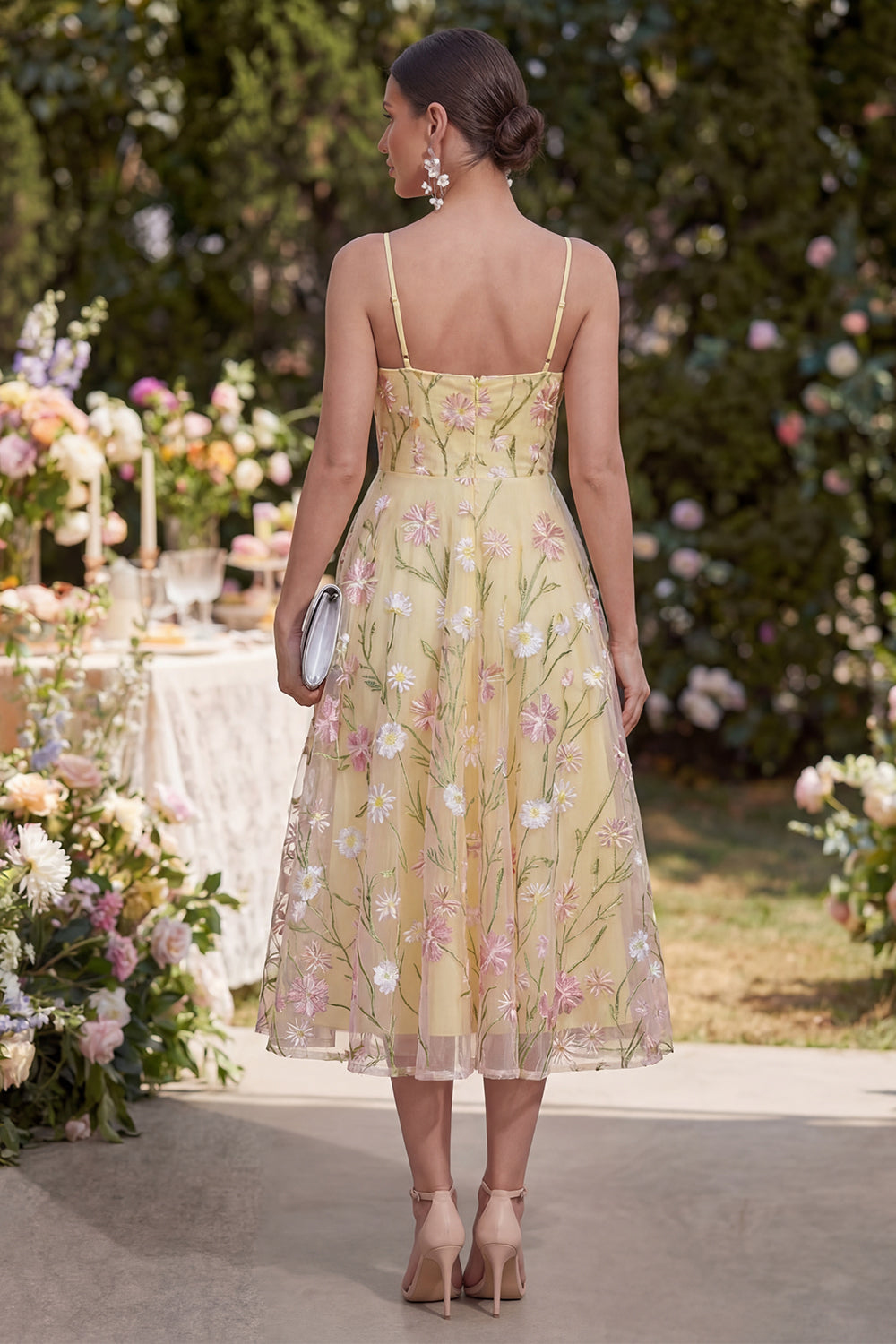 Light Yellow Corset Embroidered A Line Floral Midi Wedding Guest Dress