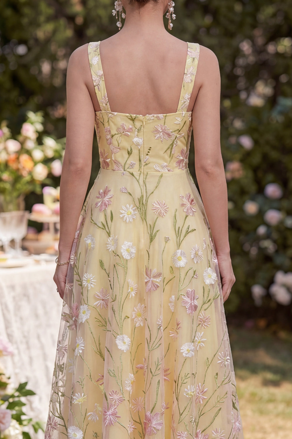Floral A Line Light Yellow Spaghetti Straps Midi Wedding Guest Dress