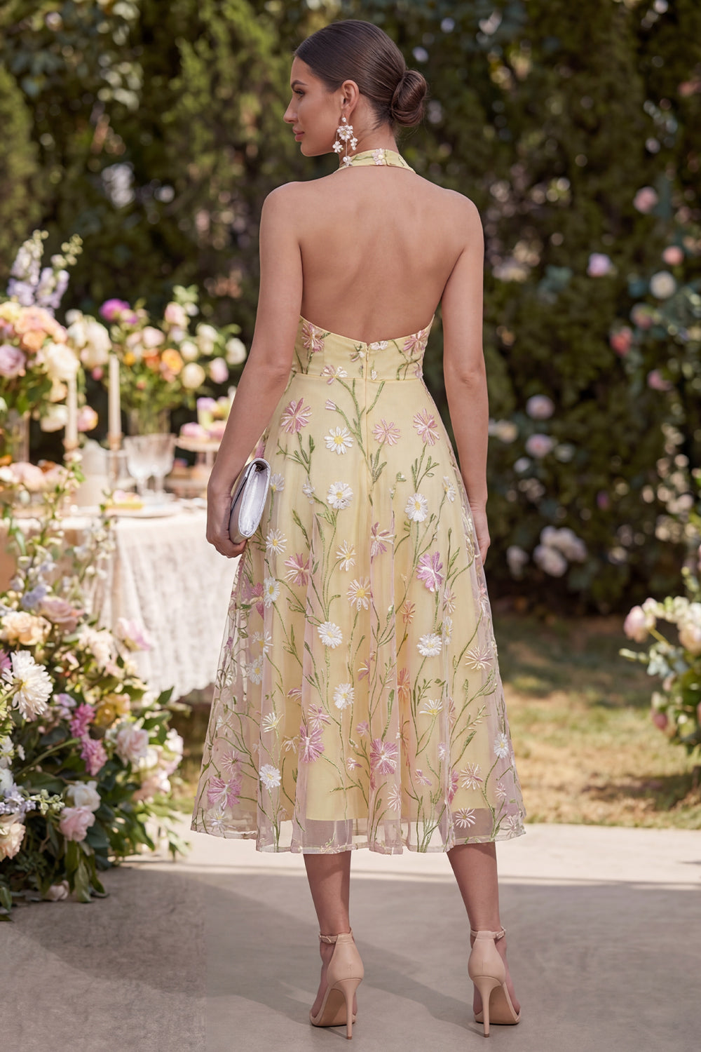 Halter A Line Light Yellow Floral Backless Midi Wedding Guest Dress