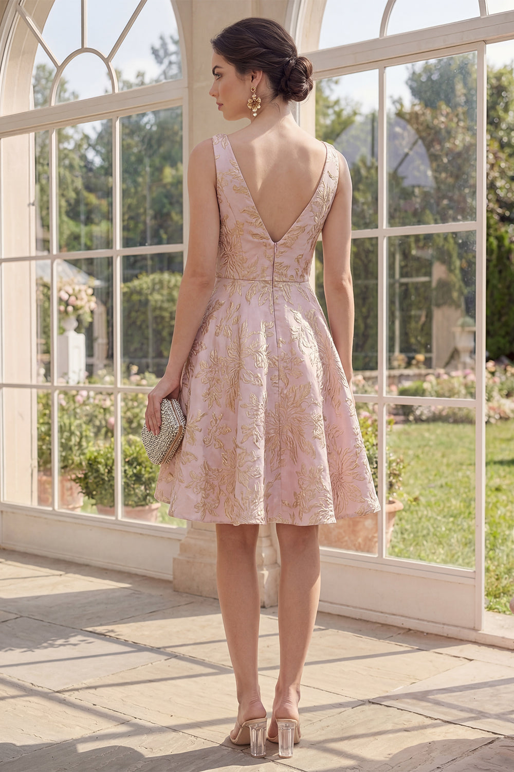 Floral Blush A Line Brocade Wedding Guest Dress