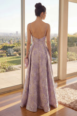 Floral A Line Brocade Dusty Lilac Maxi Wedding Guest Dress