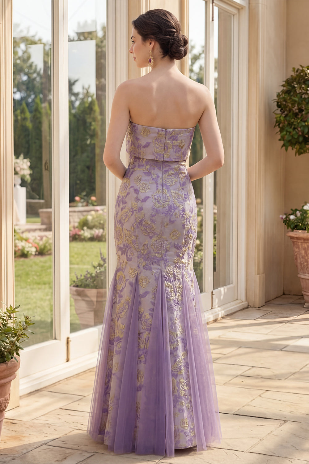 Strapless Mermaid Floral Brocade Dusty Lilac Maxi Wedding Guest Dress