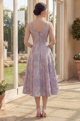 Boat Neck Floral Brocade Dusty Lilac A Line Midi Wedding Guest Dress