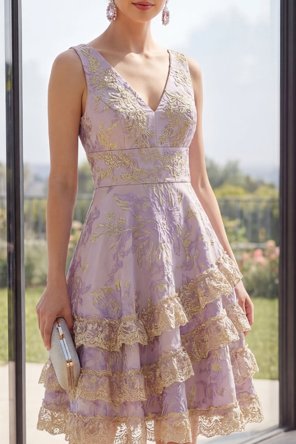Floral Ruffled Dusty Lilac A Line Wedding Guest Dress with Lace