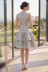 Tiered Floral Dusty Blue A Line Wedding Guest Dress with Belt