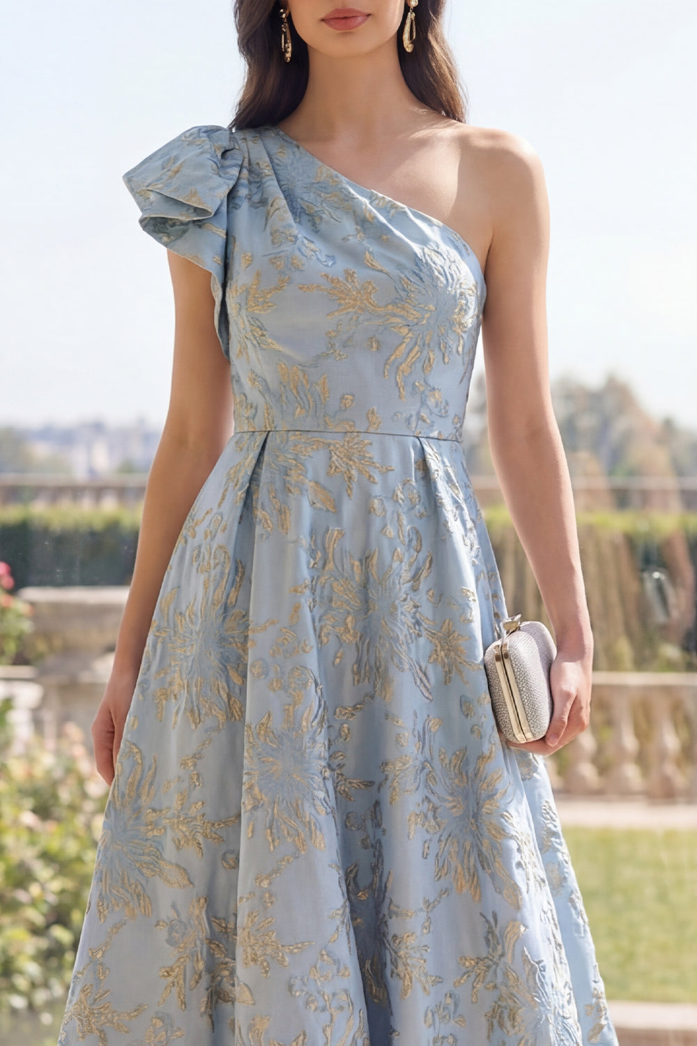 One Shoulder Dusty Blue Floral A Line Brocade Wedding Guest Dress