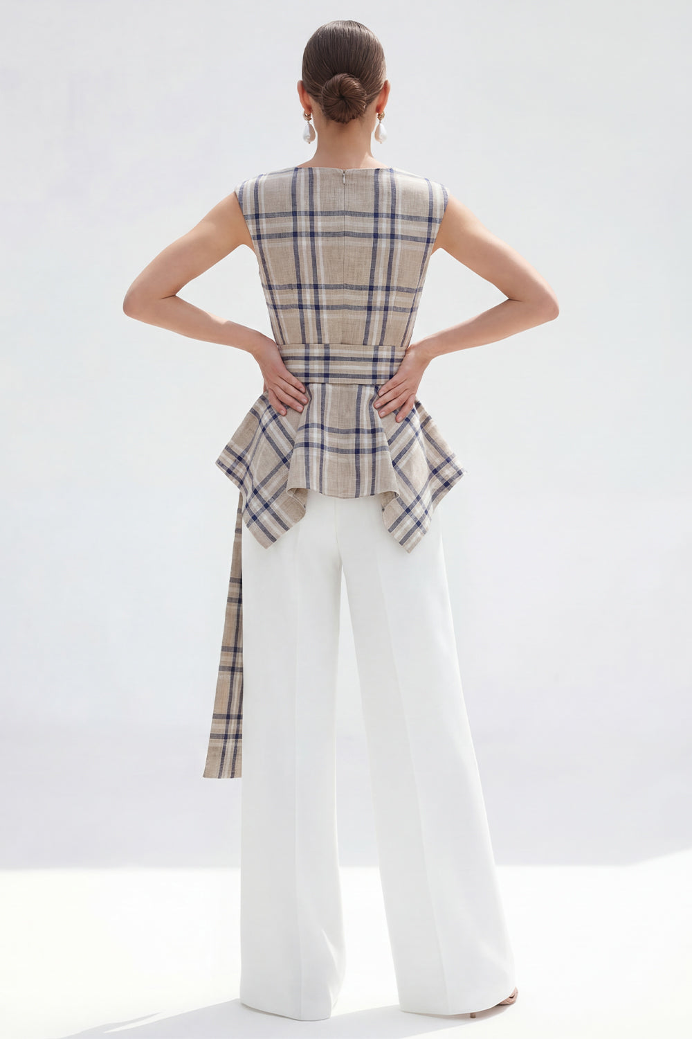 2 Piece Bateau Neck Grey Grid Women's Linen Suits with Belt