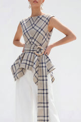2 Piece Bateau Neck Grey Grid Women's Linen Suits with Belt