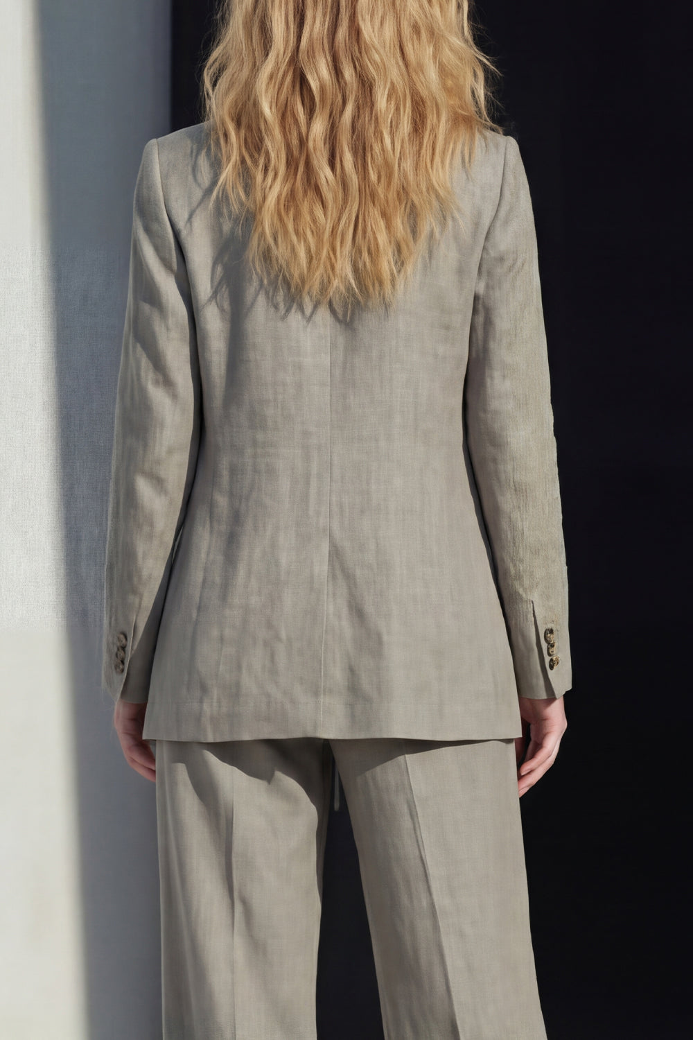 2 Piece Grey Notched Lapel Women's Linen Suits with Pockets