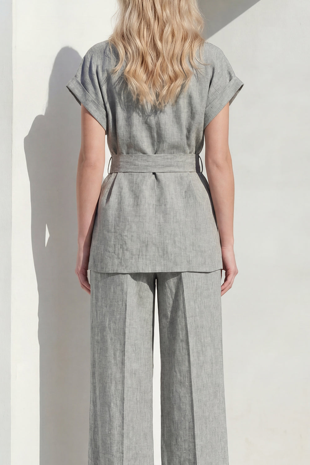 2 Piece Grey Short Sleeve Women's Linen Suits with Belt
