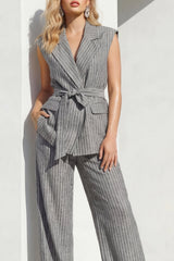 Stripe Peaked Lapel 2 Piece Grey Women's Linen Suits with Sash