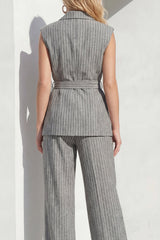 Stripe Peaked Lapel 2 Piece Grey Women's Linen Suits with Sash