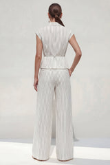 Notched Lapel White 2 Piece Stripe Women's Linen Suits