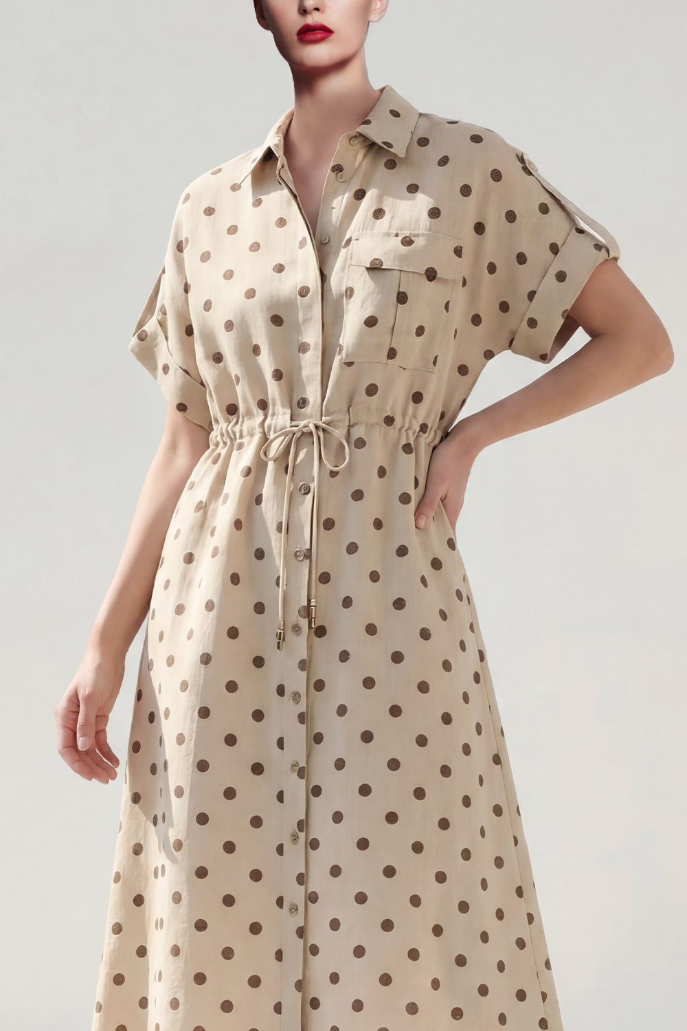 Polka Dot A Line Khaki Midi Work Dress with Short Sleeves