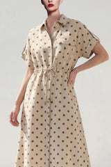 Polka Dot A Line Khaki Midi Work Dress with Short Sleeves