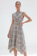 Plaid A Line Grey Grid Bateau Neck Midi Work Dress