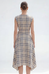 Plaid A Line Grey Grid Bateau Neck Midi Work Dress