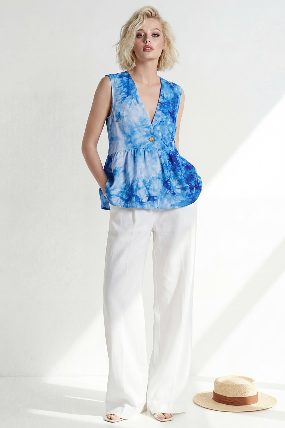 Pink 2 Piece Printed Sleeveless Women's Linen Suits