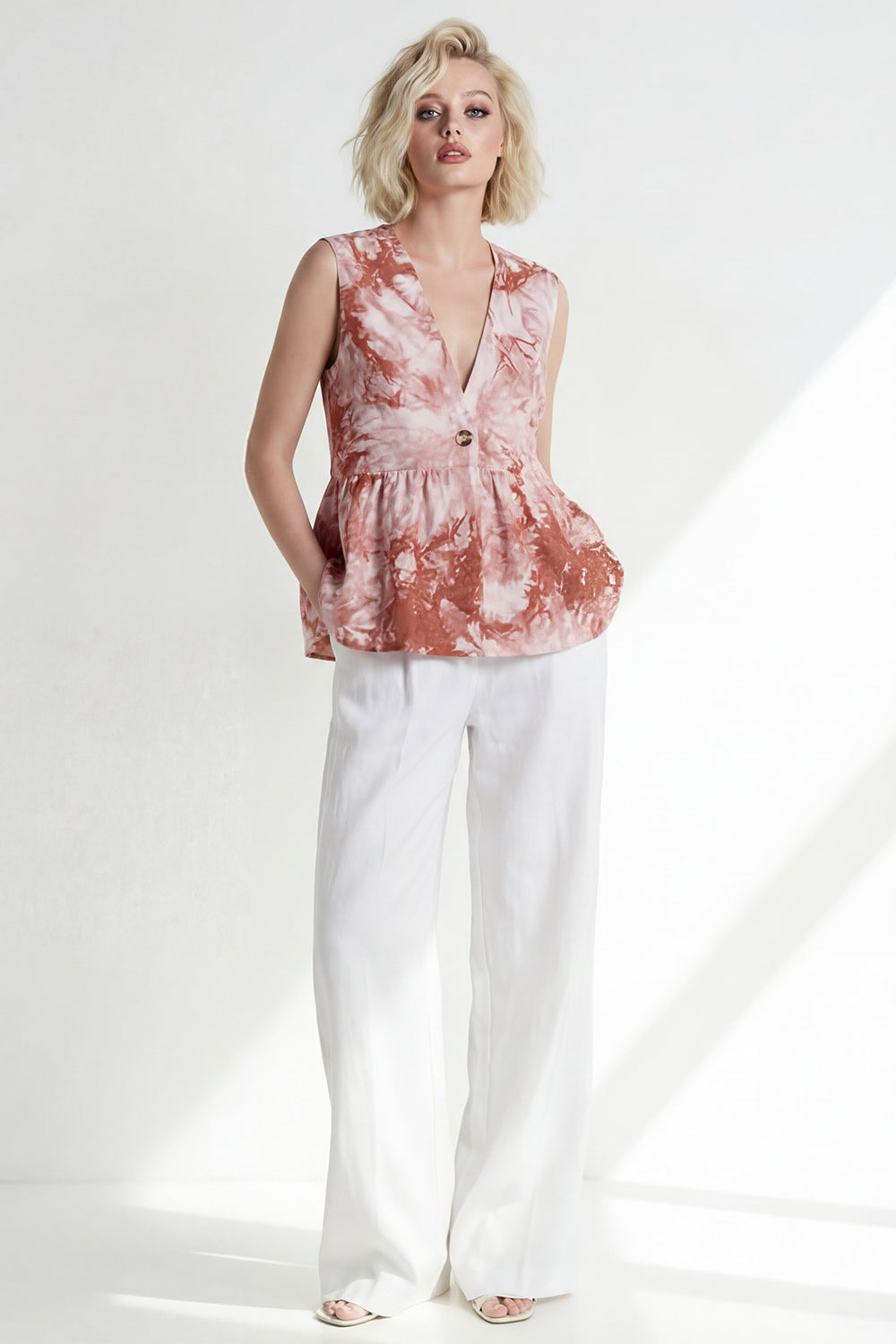 Pink 2 Piece Printed Sleeveless Women's Linen Suits