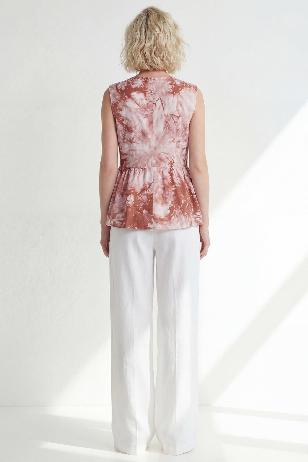 Pink 2 Piece Printed Sleeveless Women's Linen Suits