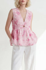 Pink 2 Piece Printed Sleeveless Women's Linen Suits