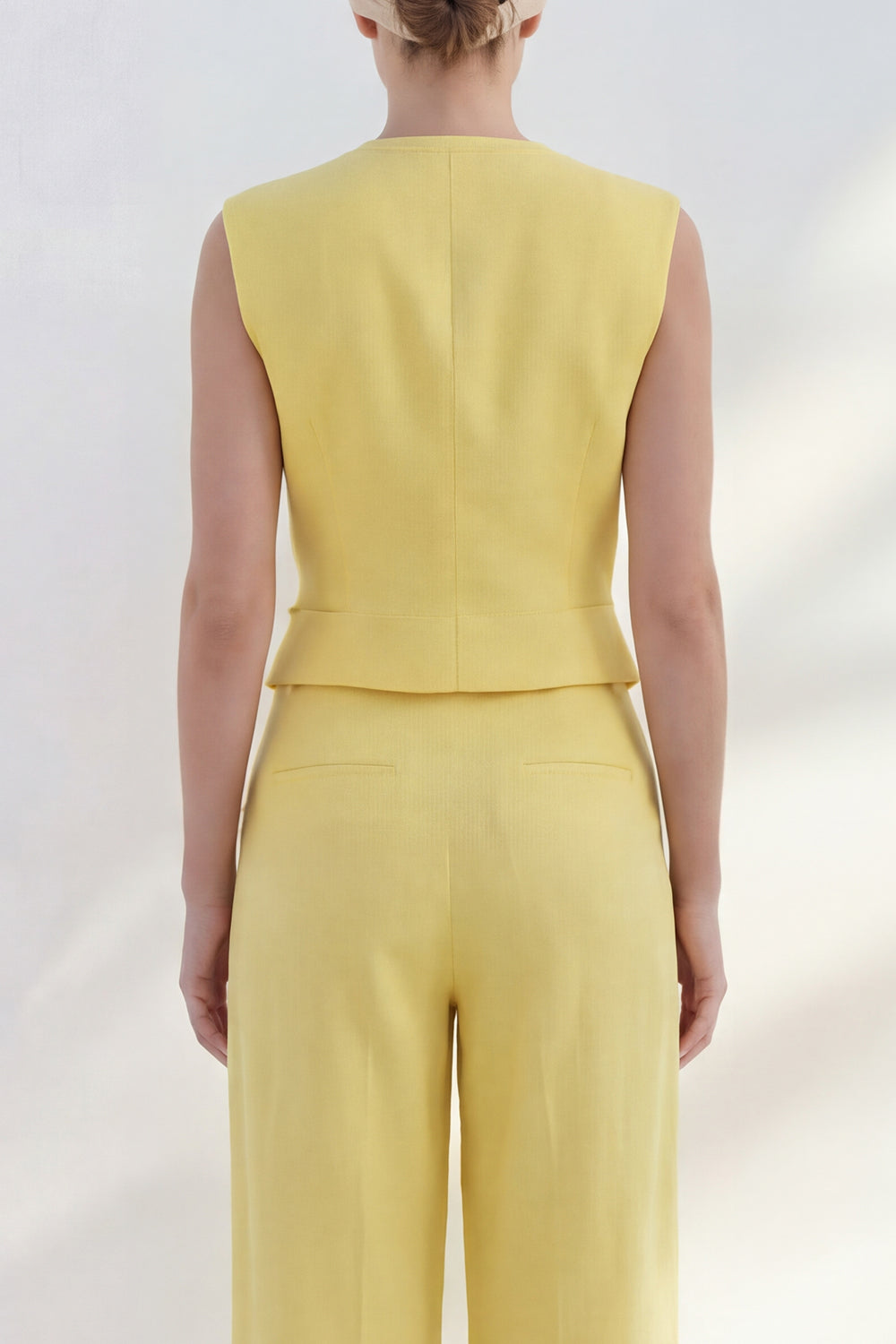 Yellow 2 Piece V Neck Sleeveless Women's Linen Suits