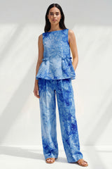 2 Piece Blue Bateau Neck Printed Women's Linen Suits