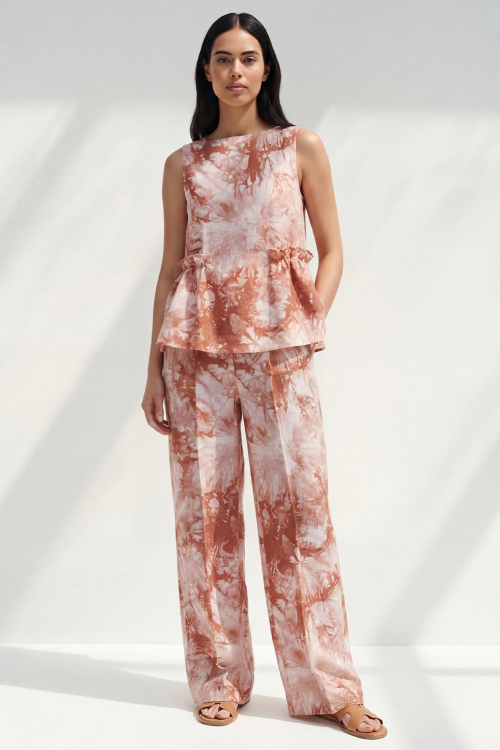 2 Piece Blue Bateau Neck Printed Women's Linen Suits