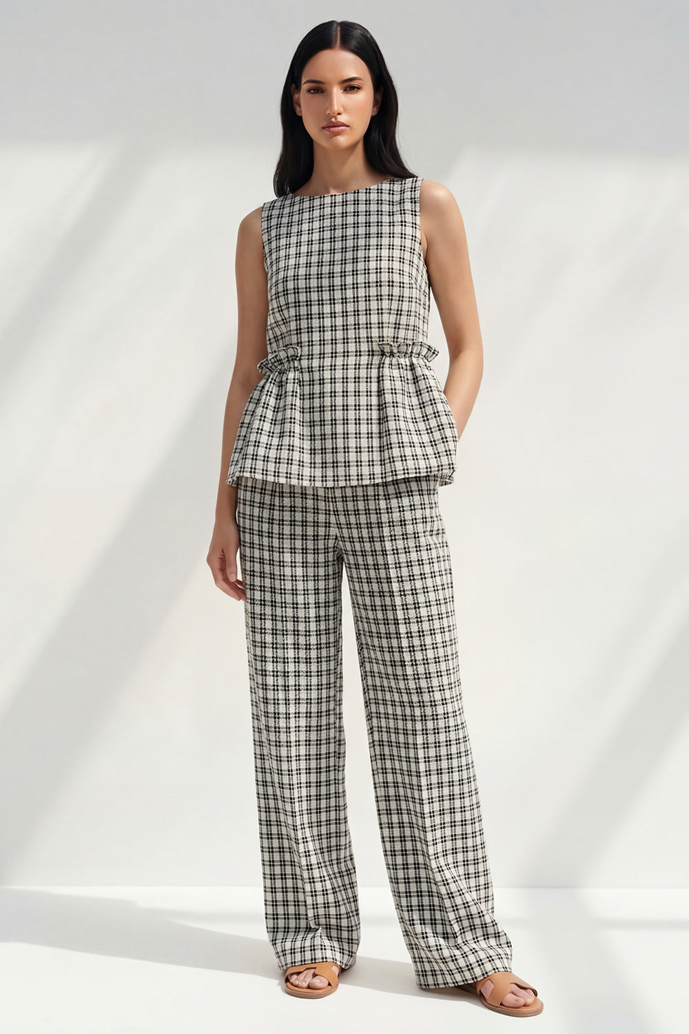 Plaid BLack White Grid 2 Piece Women's Linen Suits