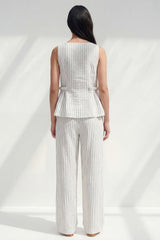 Stripe White 2 Piece Ruffled Women's Linen Suits