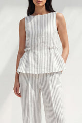 Stripe White 2 Piece Ruffled Women's Linen Suits