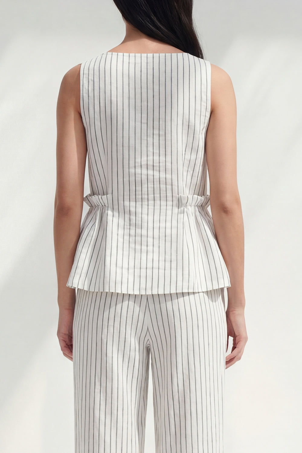 Stripe White 2 Piece Ruffled Women's Linen Suits