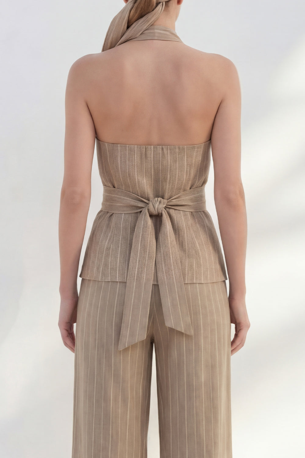 Khaki Halter 2 Piece Women's Linen Suits with Sash