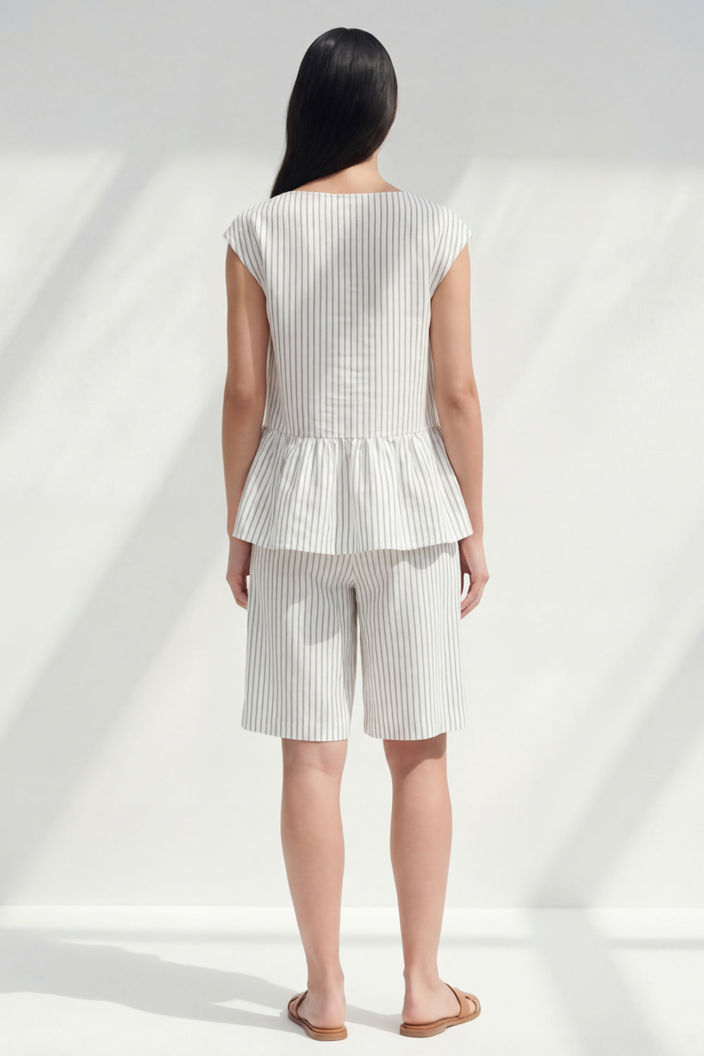 White Stripe 2 Piece Women's Linen Suits with Ruffles