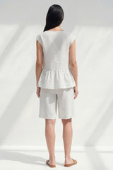 White Stripe 2 Piece Women's Linen Suits with Ruffles
