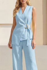 2 Piece Blue Women's Linen Suits with Sash