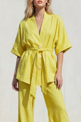 Yellow 2 Piece Half Sleeve Women's Linen Suits with Sash