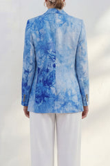 Blue 2 Piece Notched Lapel Printed Women's Linen Suits