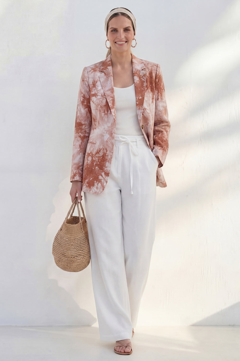Blue 2 Piece Notched Lapel Printed Women's Linen Suits