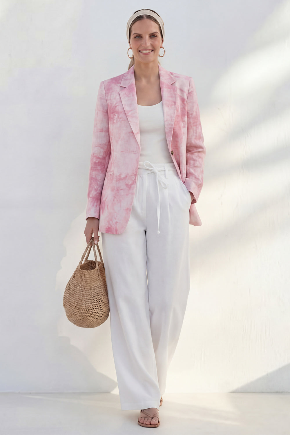 Blue 2 Piece Notched Lapel Printed Women's Linen Suits