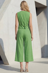 Green 2 Piece Sleeveless V Neck Women's Linen Suits