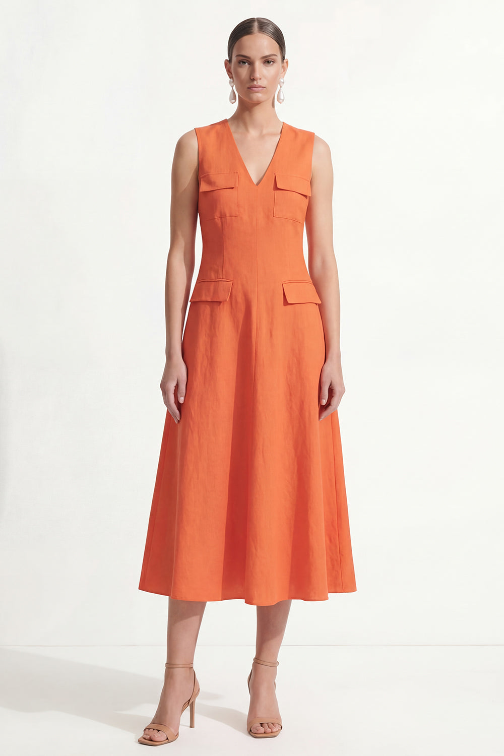 A Line Orange V Neck Sleeveless Midi Work Dress