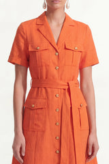 Notched Lapel A Line Orange Short Sleeve Midi Work Dress with Sash
