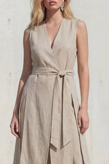 Khaki 2 Piece Sleeveless Women's Linen Suits with Sash