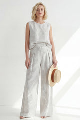 White 2 Piece Sleeveless Stripe Women's Linen Suits