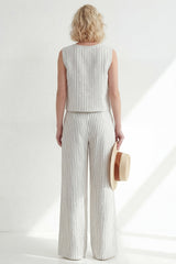 White 2 Piece Sleeveless Stripe Women's Linen Suits