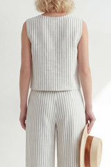White 2 Piece Sleeveless Stripe Women's Linen Suits