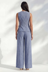 Dark Blue 2 Piece Stripe Sleeveless Women's Linen Suits