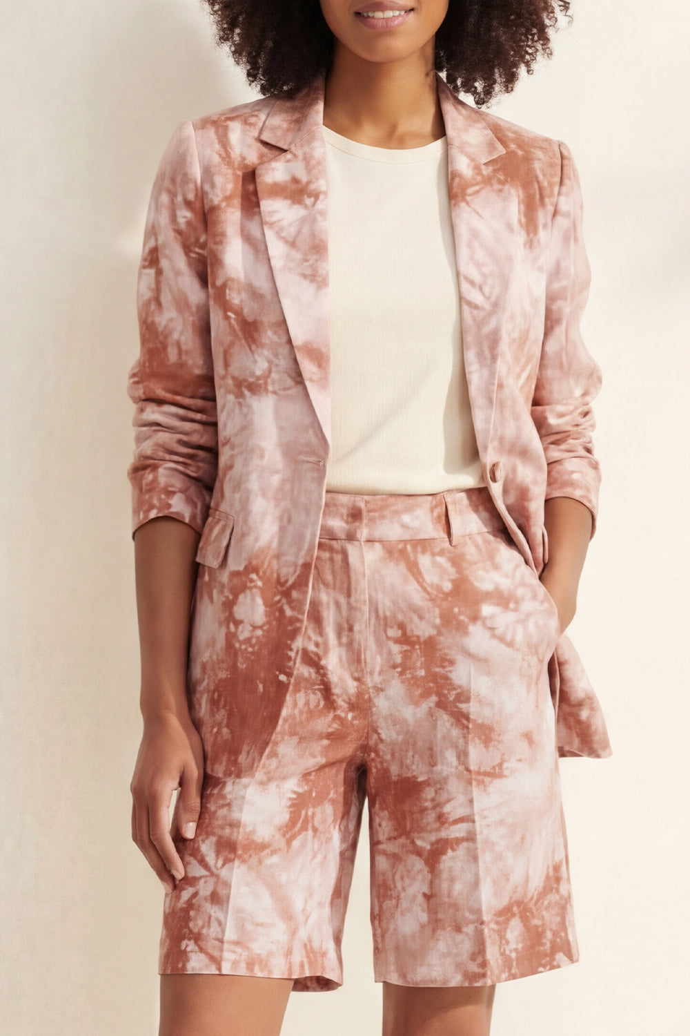 Notched Lapel Blue 2 Piece Printed Women's Linen Suits